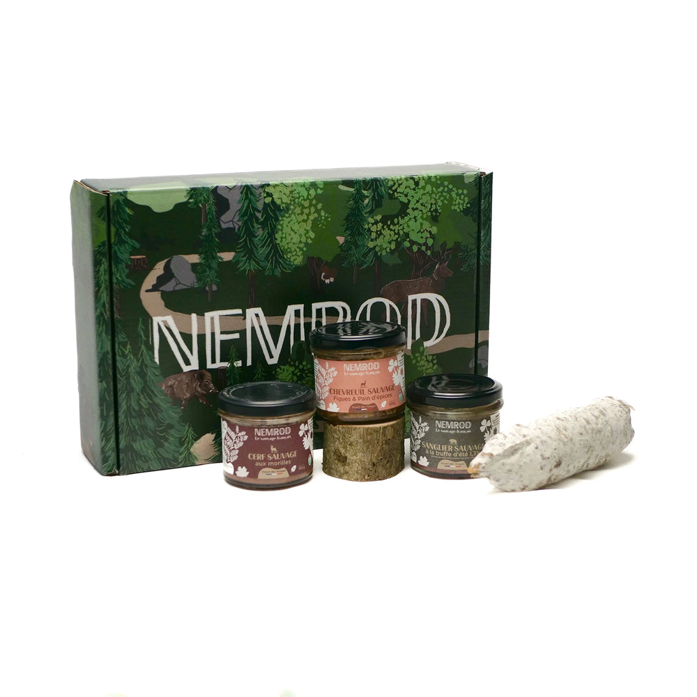 coffret Kit de survie qui contient trois terrines de gibier et un saucisson