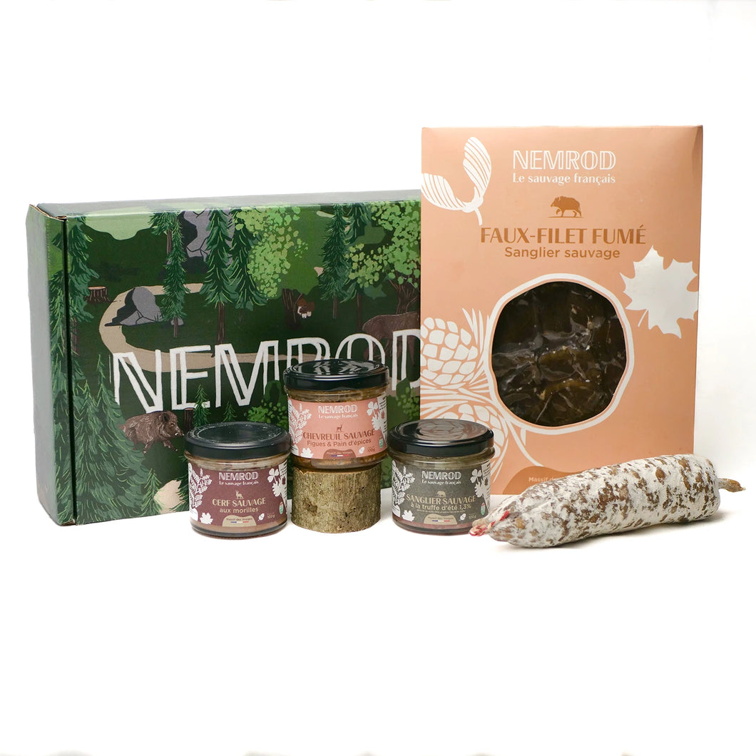 Coffret « Le Festif » avec 3 terrines, un saucisson et du faux-filet de sanglier