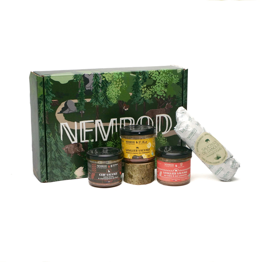 Coffret « Les collabs » avec 3 terrines et un saucisson aux amandes