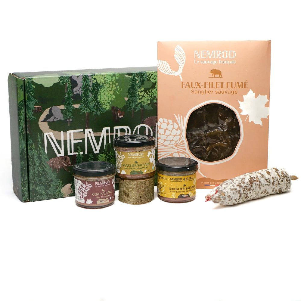 Coffret apéro des barons - terrine de sanglier au gewurztraminer, terrine de sanglier aux poires & liqueur de châtaignes, terrine de cerf aux morilles. Plaquette de filet de sanglier fumé, saucisson de cerf nature