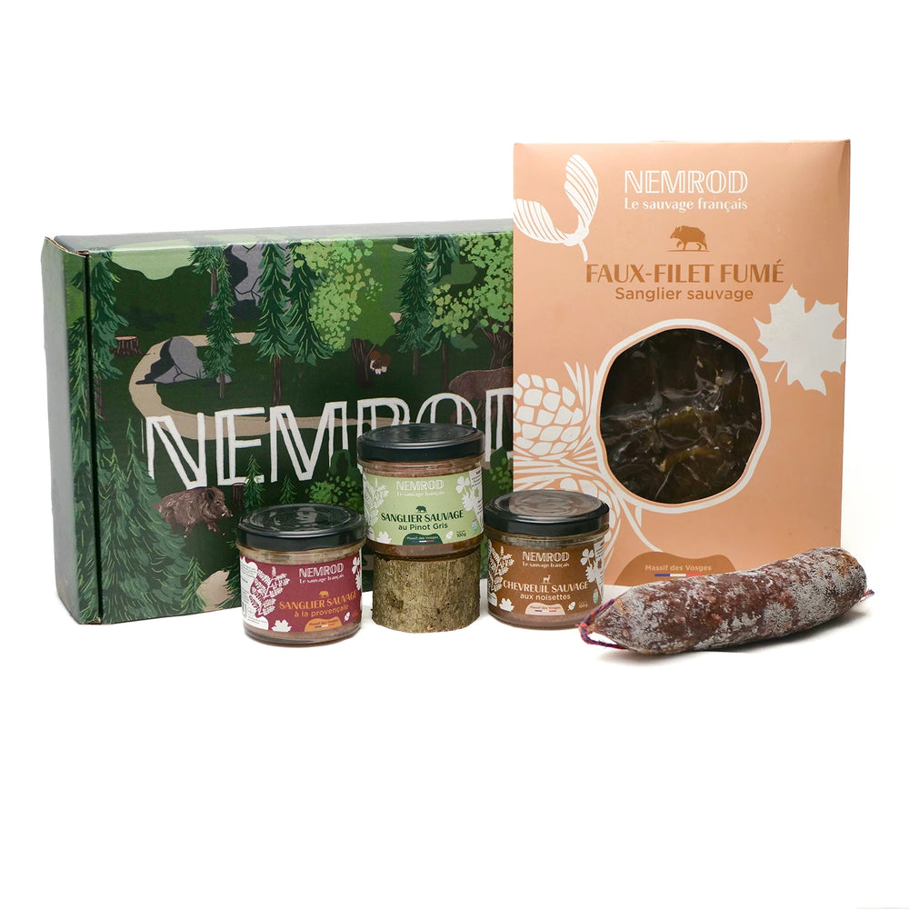 Coffret « L’estival » avec 3 terrines, un chorizo et une plaquette de filet fumé de sanglier sauvage