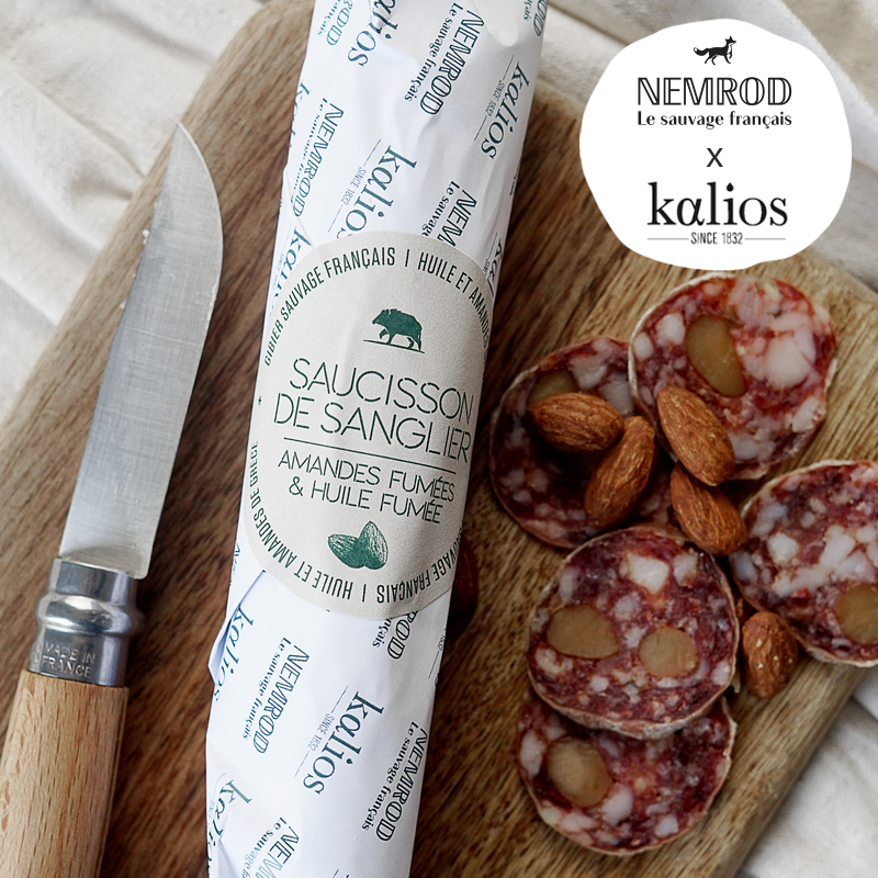 Saucisson de sanglier aux amandes fumées - collaboration entre les marques Nemrod et Kalios
